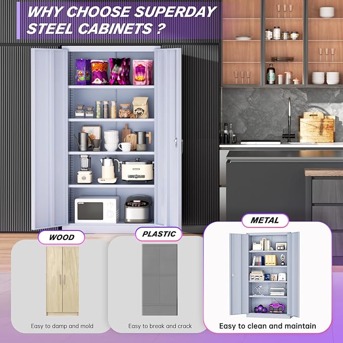Superday Metal Storage Cabinets, 72" Storage Cabinet with Locking Door, Tall Garage Cabinet with 2 Doors and 4 Adjustable Shelves for Home Office, Classroom, Easy Assemble(Grey)
