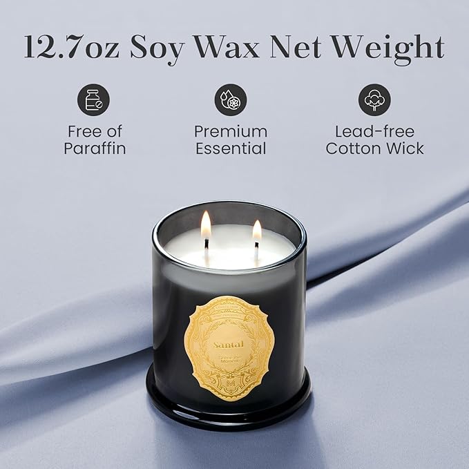 M&SENSE Santal Candles for Home Scented, 2 Wick 12.7oz Soy Wax Candles Non Toxic,70 Hours Long Burning,Christmas Candles Gift for Stress Relief, Meditation, Yoga