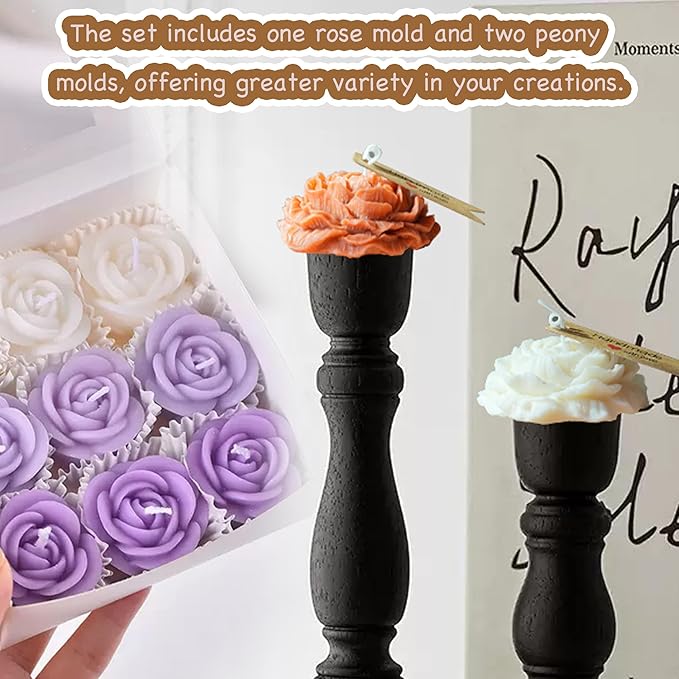 69 pcs Candle Making Silicone Mold Set,2 Peony(Large + Medium) Mold 1 Rose(Small) Set of 3D Flower Silicone Molds, for Soap,Candle Home Décor Handmade Gift