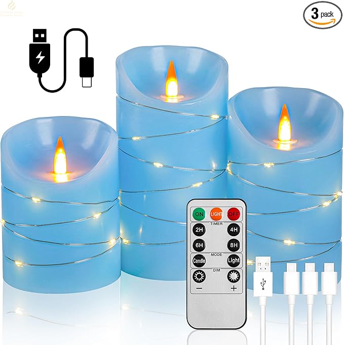 HaitanghuaRechargeable flickering candle, with string lights, remote control, 2/4/6/8-hour timer function, USB rechargeable candle, real wax LED candle, (4/5/6 inch) sky blue, three-piece set.