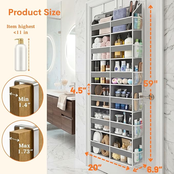 2 Pack Over The Door Organizer 6 Tiers, Extra Large Behind Door Storage of 12 Compartments, 80 lbs Weight Capacity Hanging Storage Organizer with Clear Window Kids Toys,Shoes (6 Tiers - Grey)
