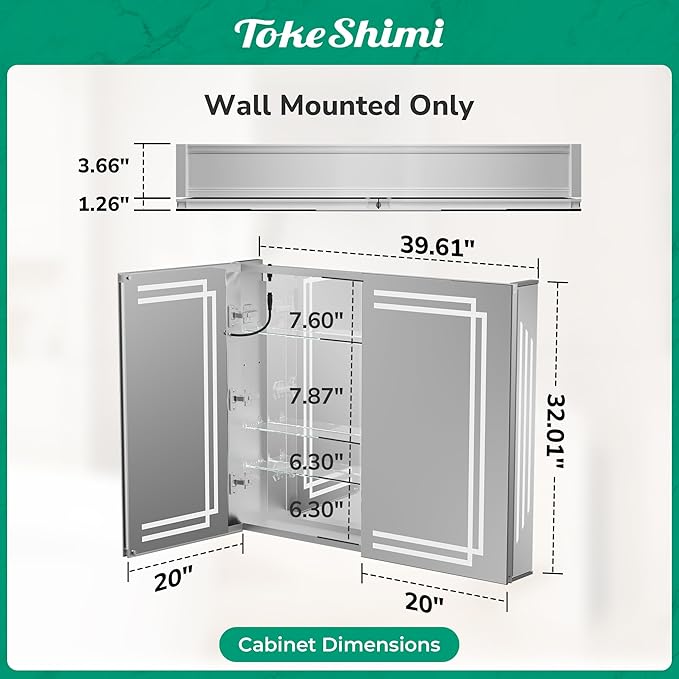 TokeShimi 40x32 Inch LED Medicine Cabinet with Lighted Mirror, 3 Color Stepless Dimming Bathroom Cabinet with Defogger Tempered, CRI 80+, Anti-Fog, Memory Funtion, Wall Lit Mirror with Storage