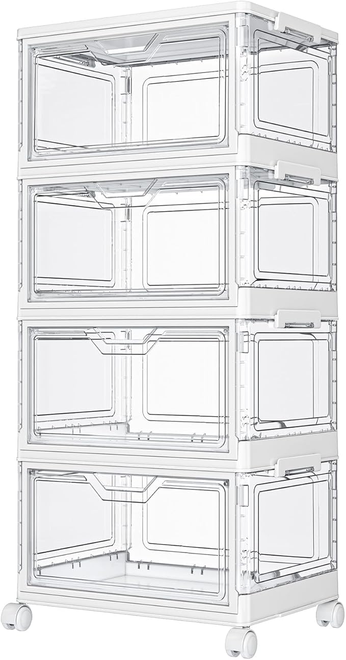 Clear Storage Bins with Lids - 4 Tier Plastic Bins with Wheels, Stackable Storage Bin, Closet Organizers Box for Bedroom, Living Room, 23 QT Folding Box with Magnetic door