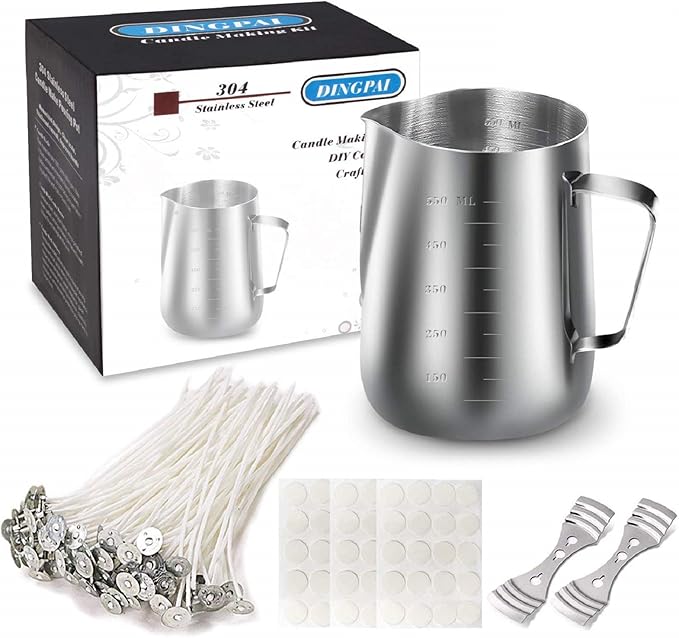 DINGPAI Candle Making Kit, DIY Candles Craft Tools,1pc Candle Make Pouring Pot,50pcs Candle Wicks, 50pcs Candle Wicks Sticker and 2pcs 3-Hole Candle Wicks Holder