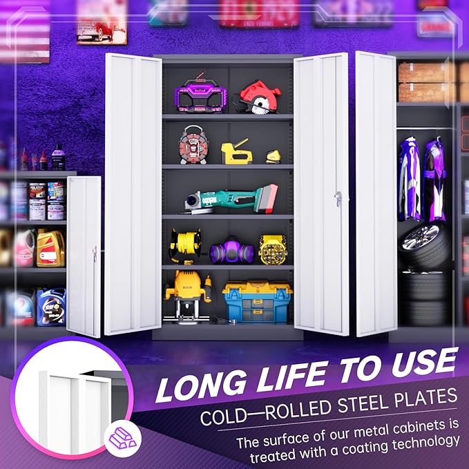 Superday Metal Storage Cabinets, 72" Storage Cabinet with Locking Door, Tall Garage Cabinet with 2 Doors and 4 Adjustable Shelves for Home Office, Classroom, Easy Assemble(White Grey)