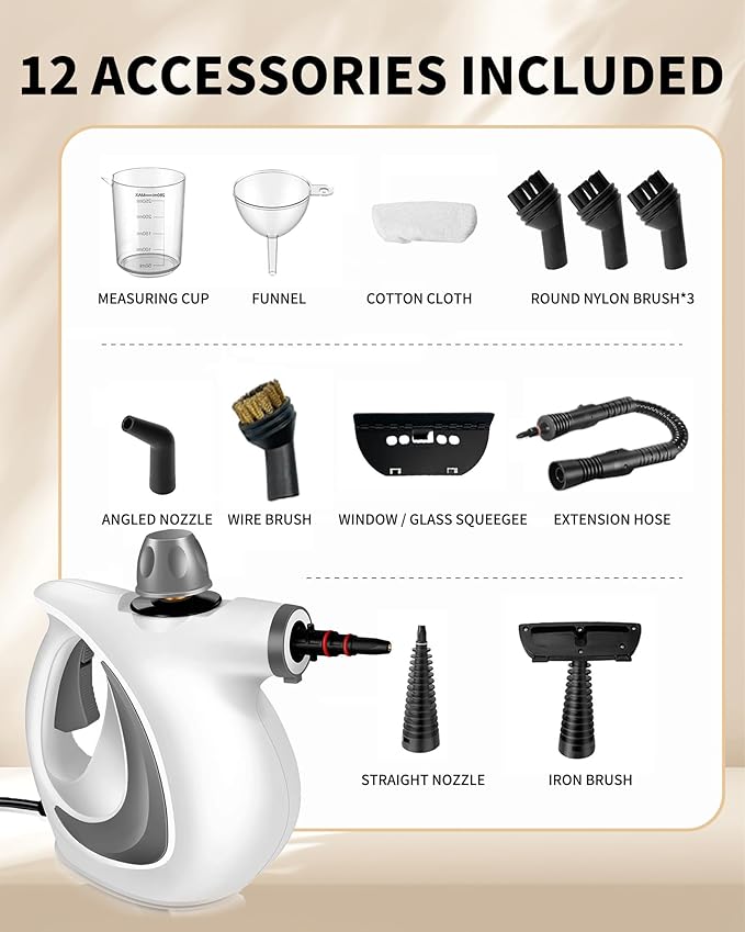 Pressurized Handheld Steam Cleaner for home with 12pcs Accessories & Safety Lock – Multi-Surface Natural Deep Steamer for Cleaning Car, Furniture, Floor, Upholstery, Tile, Grout, Windows(dark gray)