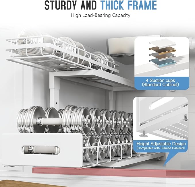 Under Sink Organizer Upgrade To Professional Rails,2-Tier Dual Pull Out Cabinet Storage,Height Adjustable Slide Out Drawers For Bathroom Kitchen,2 Pack-21"Dx12.8"-16.9"H,White