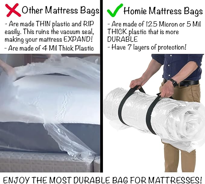 Mattress Vacuum Bag for Moving, Vacuum Seal Mattress Bag for Memory Foam or Inner Spring Mattresses, Compression and Storage for Returns, Leakproof Valve and Double Zip Seal (Full)