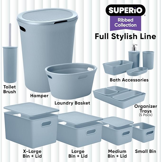 Superio Ribbed Collection - Decorative Plastic Basket Open Home Storage Bins Organizer, X-Large Blue (1 Pack) Container Boxes for Organizing Closet Storage Bins for Shelves 22 Liter/23 Quart