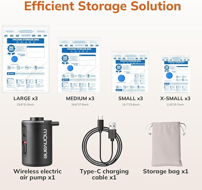 Vacuum Luggage Storage Bags with Cordless Electric Portable Pump, Double Zipper Sealed Space Saver Bag, Compression for Clothes, Bedding and Travel Essentials
