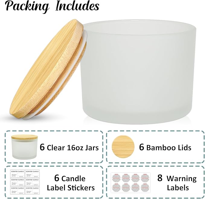 SUPMIND 16oz 3 Wick Candle Jars 6 Pack - Large Empty Frosted Glass Candle Making Jars with Bamboo Lids, with Stickers and Labels, Bulk Candle Containers for Making Candles