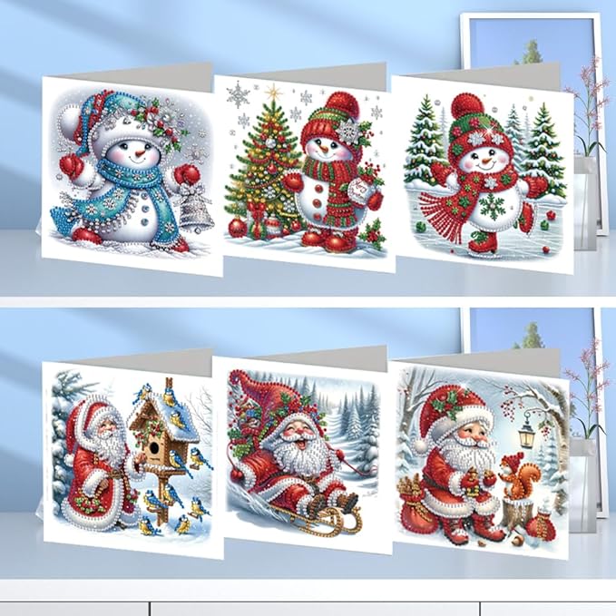 6 Pack Christmas DIY Rhinestone Painting Greeting Set, Snowman Santa Diamond Art with Envelopes, Holiday Gift for Family Friends