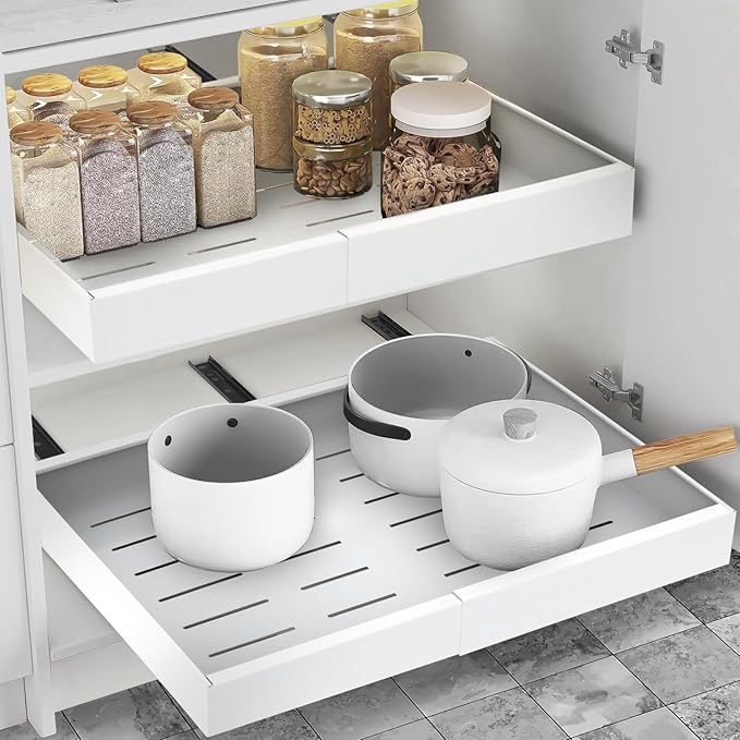 Expandable Pull Out Drawers for Cabinets (White): Kitchen and Pantry Organizer, Sliding Cabinet Organizer with Adhesive, Under Sink and Pots Storage, 12.5"-20.5". Adjustable Shelf Solution