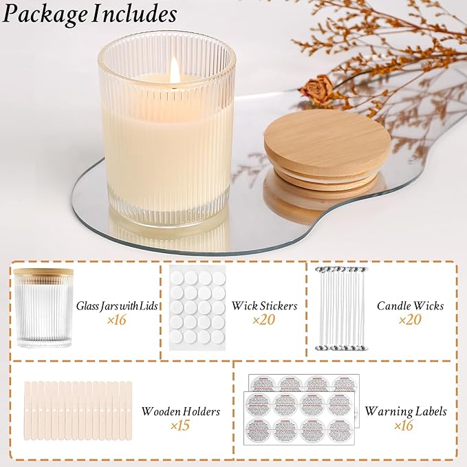 CONNOO 16 Pack 7 OZ Thick Ribbed Glass Candle Jars for Making Candles with Airtight Bamboo Lids, Wicks & Stickers, for DIY Candle Making, Bulk Orders, Gifts & Home Décor, Clear