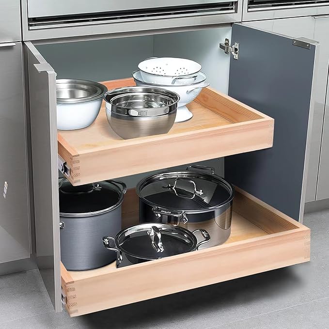 28”W x 21”D x 3”H Soft Close Slide Out Wood Drawer Organizer for Kitchen, (Cabinet Opening>29.5 inches for Bottom Assembly, Width= 29 inches for Side Assembly)