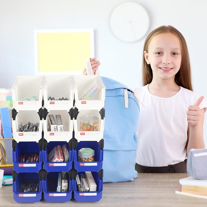 Stackable Storage Bins 12 Pack (11x5x5 Inch), Plastic Stackable Storage Organizer Bins Wall Mounted Hanging Samll Parts Bin for Garage, Workbench & Office (Blue & Red)