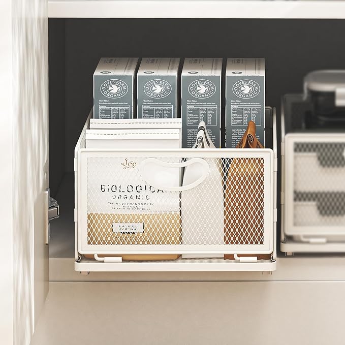 Pull Out Cabinet Organizer, No Drill Adhesive Sliding Drawers for Kitchen, Metal Mesh Wire Storage Shelf for Pantry & Under Sink, White (9.6" W x 11.8" D x 6.1" H)