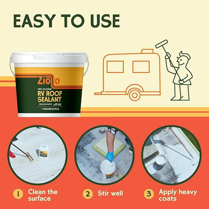Ziollo RV 30 ft Roof Repair Kit - Roof Repair Kit to Seal and Waterproof, Bond to EPDM Rubber with Sealant (1 Paintable Tape, 4 pk Caulking, 1 Cleaner and 4G Silicone Pail)