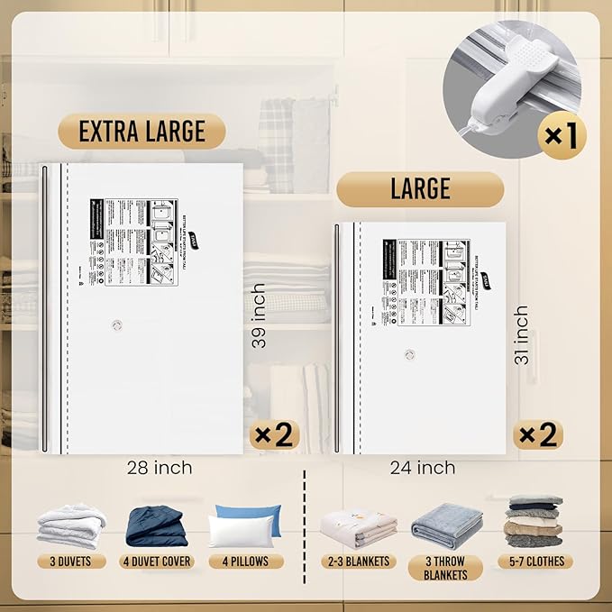 TAILI Vacuum Storage Bags 4 Pack, LONG SIDE ZIP (2 Large+2 Jumbo), Multi-Size Vacuum Seal Bags for Clothing, Storage Bulky Beddings, Blankets and Clothes, Space Saver for Closet Organization