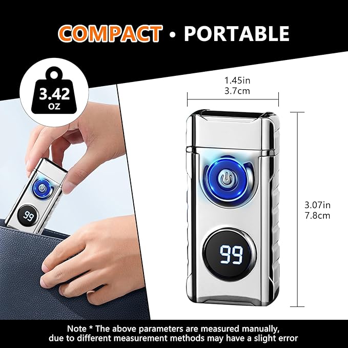 SKRFIRE Plasma Rechargeable Electric Lighter for Candle - Arc Type C Electronic Torch, Windproof Portable Metal With LED Power Display for Camping, Hiking, BBQ (Silvery)