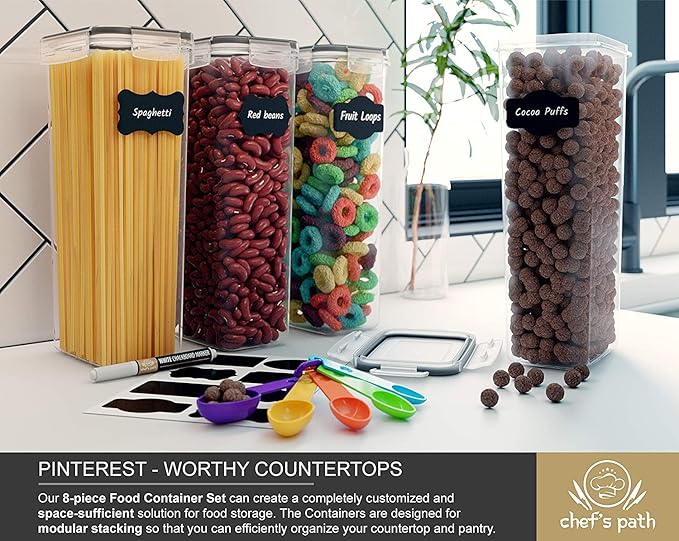 Chef's Path - Kitchen Storage Box Set - 8 Airtight Food Jars for Storing Spaghetti, Pasta, Flour, Cereals, Pet Food Preservation, BPA Free (3 quarts)