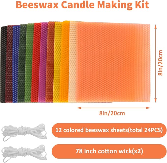 GBACHOOSE 8x8 Inch Beeswax Sheets for Candle Making, 24PCS Beeswax Candle Sheet, 12 Colorful Wax Candle Color Sheets DIY Rolled Candles Home Decor Gift for Adults DIY