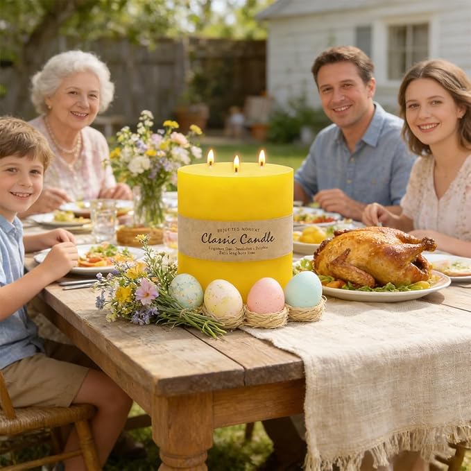 Large 3-Wick Yellow Pillar Candle - 6x6 Inch Dripless & Smokeless Unscented Fat Candle, 120 Hour Long Burning Hand-Poured Thick Candle with Cotton Wicks