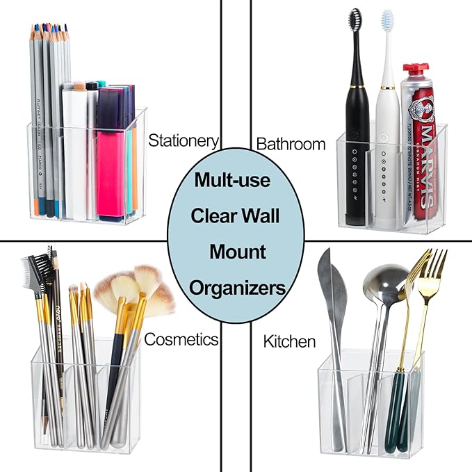 Wall Mounted Storage Organizer Bins Organizing Shelf Basket Clear Plastic Makeup Organizer Adhesive Hanging Bin Fridge Organizer for Bathroom,Kitchen,Cabinet,Pantry,Countertops (3.7×2.6×3.9")