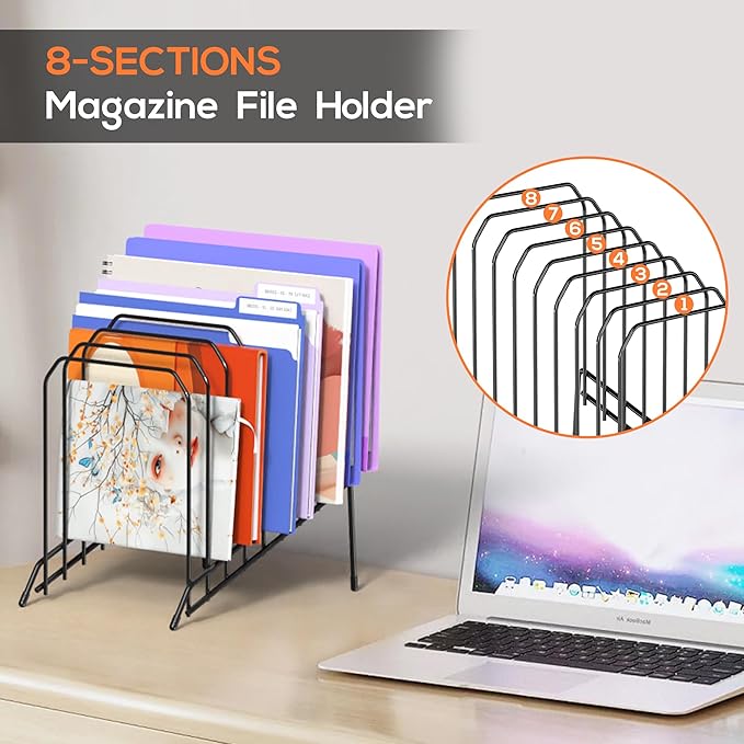 Gawerk Incline Metal Desk Magazine Folder Holder, Sorter Desk File Organizer with 8-Section Vertical Compartments Rack File Organizer for Office, Home, School (2 Pack)