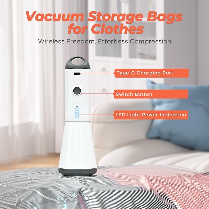 Vacbird Vacuum Seal Bags for Clothing with Rechargeable Cordless Pump, 12 Pack Compression Packing Bags, Space Saver Storage for Seasonal Clothes Bedding Blanket Pillows Comforters Luggage Travel
