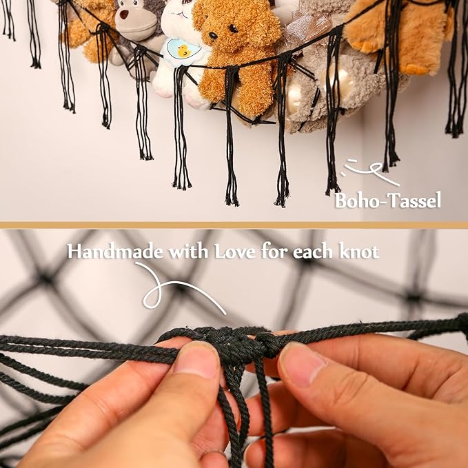YKBU Stuffed Animals Hammock Corner Hanging Net Macrame Stuffed Animal Storage Plush Toy Holder Toy Organizer for Boho Nursery Playroom Bedroom Kids Room (black, Large)