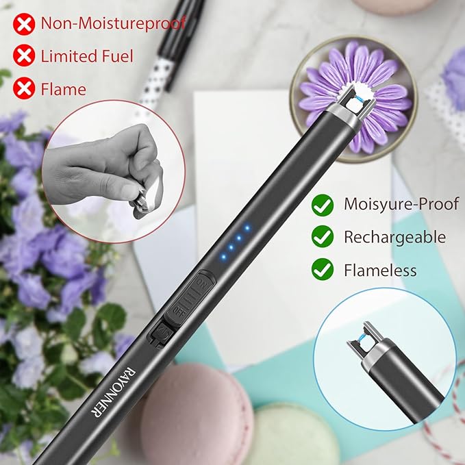 RAYONNER Rechargeable Electric Candle Lighter Windproof Plasma Arc Lighter for Deep Jars BBQ Camping Flameless Fire Starter Christmas Stocking Stuffers Gift (1 Pack - Black)