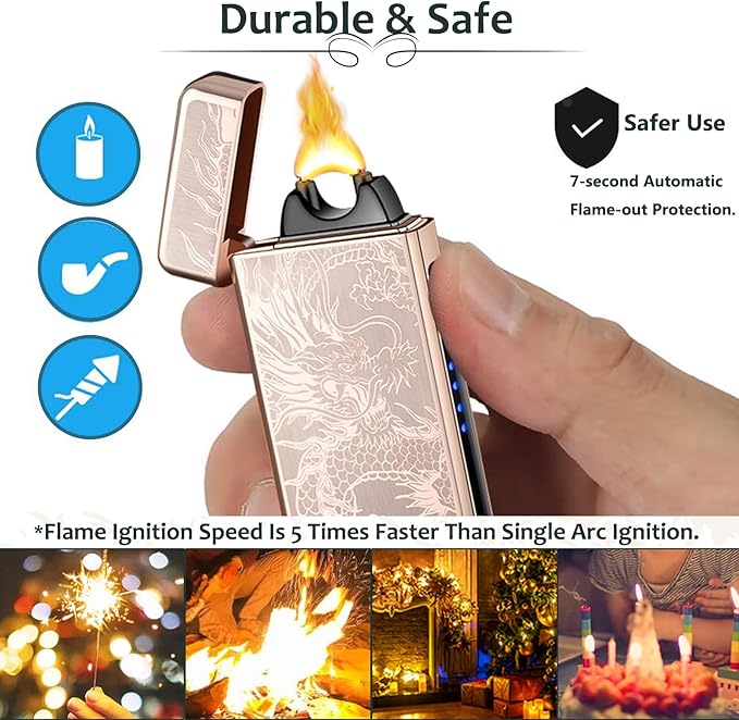 Electric Lighters - Plasma Dragon, USB Rechargeable, Windproof Flame, Butane Free with LED Battery Indication for Candles, Incense, Camping (Gold Dragon)