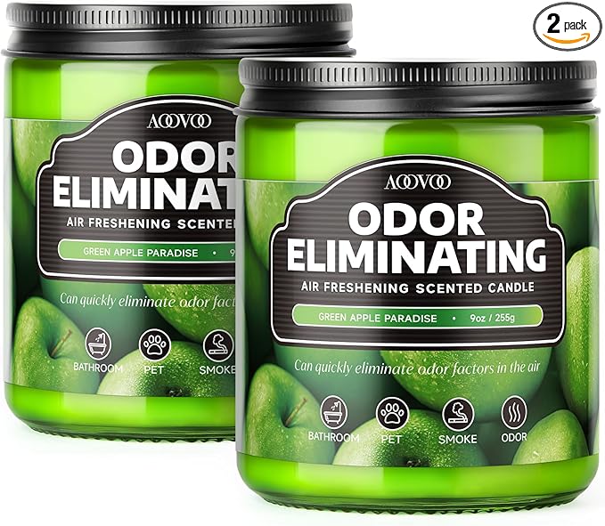AOOVOO Green Apple 2 Pack Odor Eliminating Highly Fragranced Candle - Eliminates 95% of Pet, Smoke, Food, and Other Smells Quickly, Air Freshing Soy Candle, Up to 100 Hours Burn time