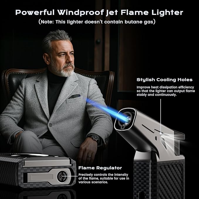 All-in-one Torch Lighter with Straight Cutter, Built-in Punch, Powerful Windproof Jet Flame, Multifunctional Travel Accessories, Gifts for Men, Refillable Butane Lighters for Candle (Without Fuel)