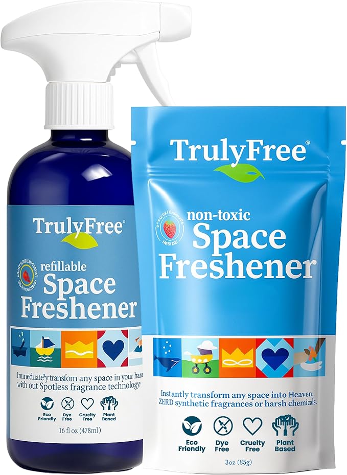 Truly Free Space Freshener Starter Kit, Lemongrass Essential Oil - Car and Air Fresheners for Home, Natural Odor Eliminator Room Spray, 16oz Spray Bottle, 1 Refill (3.4oz) No Synthetic Fragrances