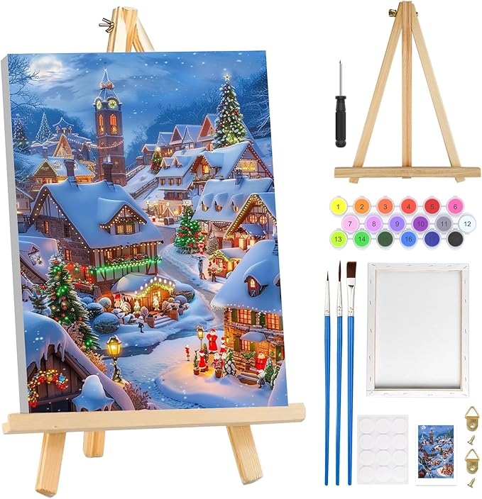 MOGTAA Christmas Paint by Numbers Kit for Adults Beginners with Frame, Christmas Winter Adult Paint by Number Kits on Canvas with Easel, Easy DIY Oil Painting Kits for Home Decor, 8x12in