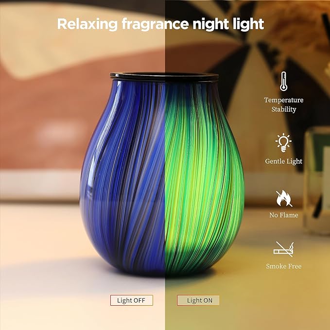 Inrorans Glass Electric Wax Melt Warmer Oil Burner with Stable Heating PTC Reusable Silicone Tray 7 Colorful Changing Led Light Night Light Scent Warmer for Home Fragrance Warmers-Blue Silk Timer