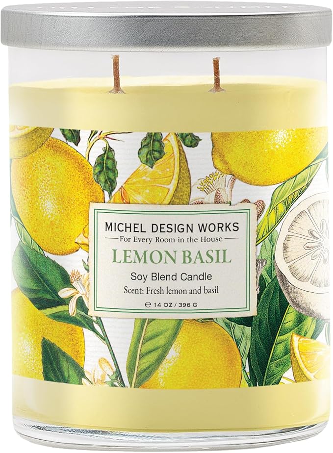 Michel Design Works Lemon Basil Scented Candle, 14 oz Soy Blend Dual Wick Glass Jar Candle with Lid, 75 Hour Burn Time, Citrus Herbal Home Fragrance Gift