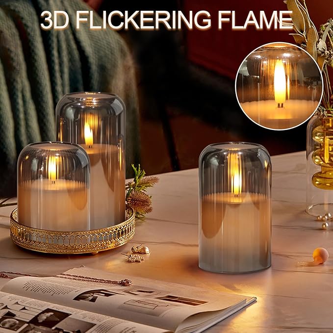 Glass Flameless Candles, Striped Glass Flameless Candles with Remote, Set of 3 Battery Operated Candles with Flickering 3D Wick, LED Pillar Candle for Home Halloween Decor(Grey, D3”xH4”5”6”)