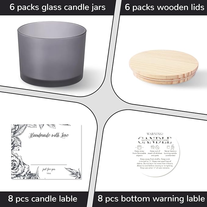 LAMORGIFT 6 Pack Glass Candle Jars with Lids (16oz, Frosted Grey) - Large Candle Jars for 3 Wick Candles Making - Empty Candle Jars Containers - Candle Making Accessories Include 16Pcs Candle Labels