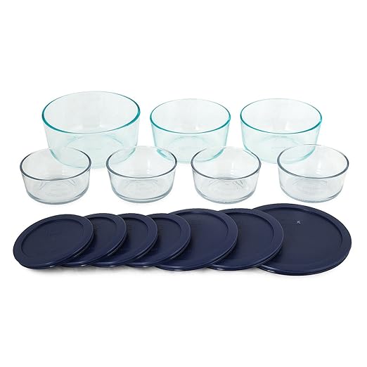 Pyrex Simply Store 14-Piece Round Glass Food Storage Set, Blue Made in the USA