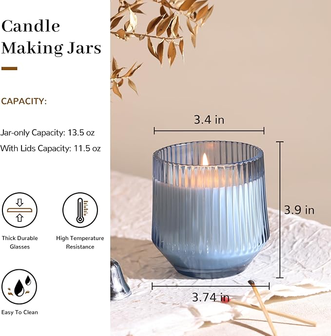 simeitol 13 OZ Blue Large Candle Jars for Making Candles - 6 Pack Glass Candle Jars Bulk with Vertical Striped, Candle Vessels Supplies with Bamboo Lids and Candle Wick Kit, for DIY & Home