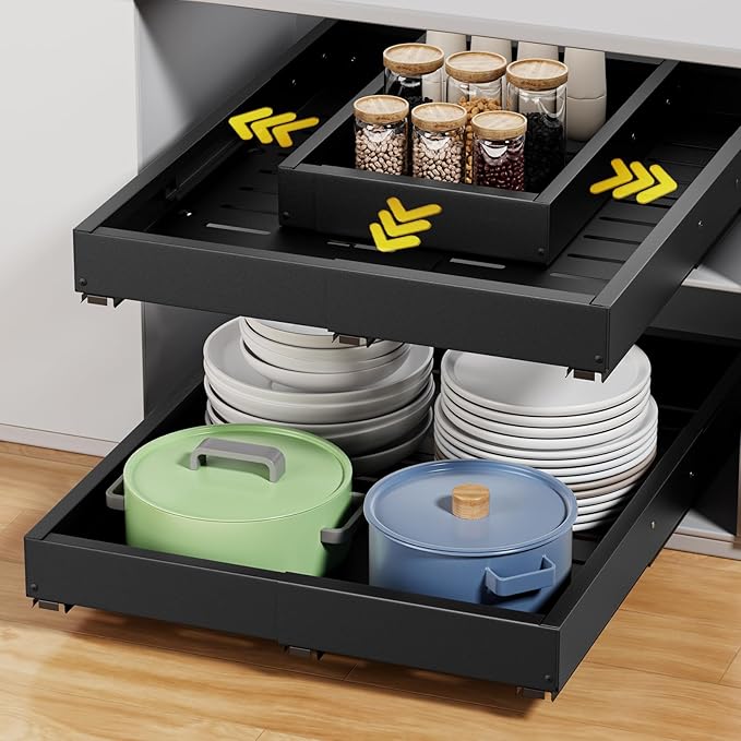 Upgrade 2 Pack Pull Out Cabinet Organizer, Expandable Width (11.4"-18.9") Depth (16.3"-21.7") Pull out Drawers for Cabinets with 3 Rails, No Drill Adhesive Film or Nail Slide out Drawers for Kitchen