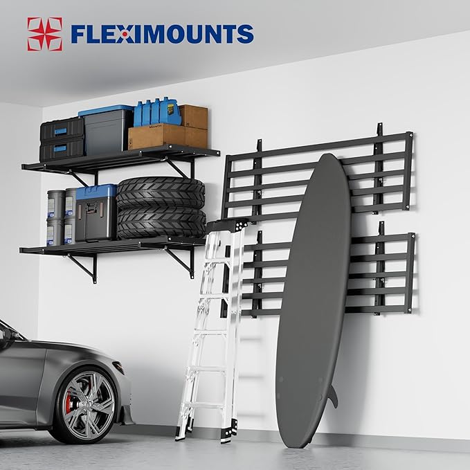 FLEXIMOUNTS Fold-Down 2x4ft Garage Wall Shelving, 2-Pack Heavy Duty Folding Garage Shelving Wall Mounted, 600 lbs Capacity, Storage for Power Tools, Garden Supplies & Seasonal Storage, Lite Series
