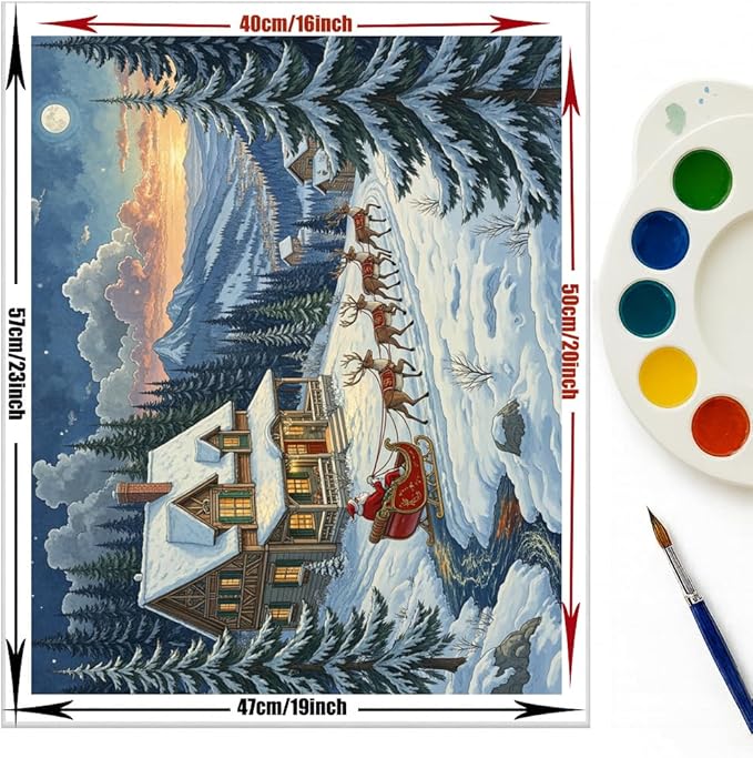 EnLvYY Paint by Numbers for Adults 16x20 Inch, DIY Acrylic Painting on Canvas, Santa Claus Sleigh with Reindeer in Snowy Winter Forest and Cabin, Christmas Landscape Wall Art Gift,Unframed