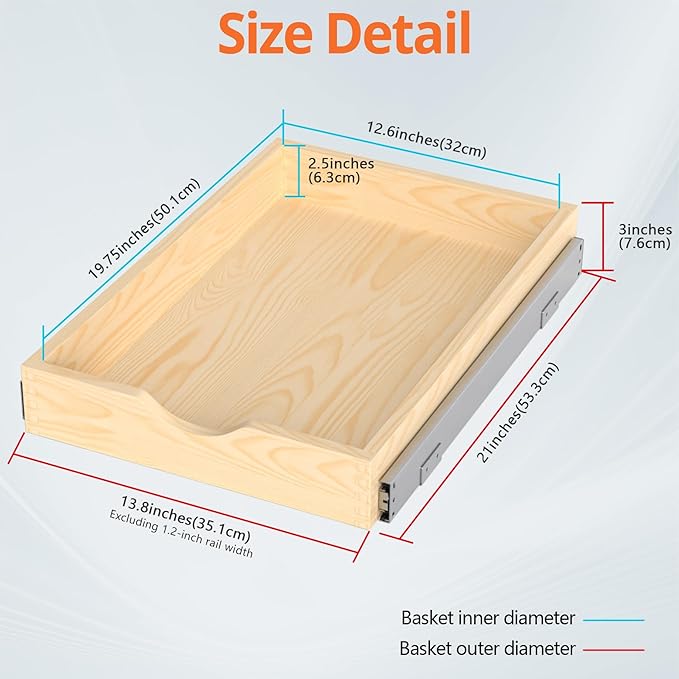 ZOINLIY 15''W X 21''D X 3''H Wooden Pull Out Drawer for Cabinet, Cabinet Organizer for Kitchen, Soft Close Slide Out Shelves, Heavy Duty, Fully Expandable