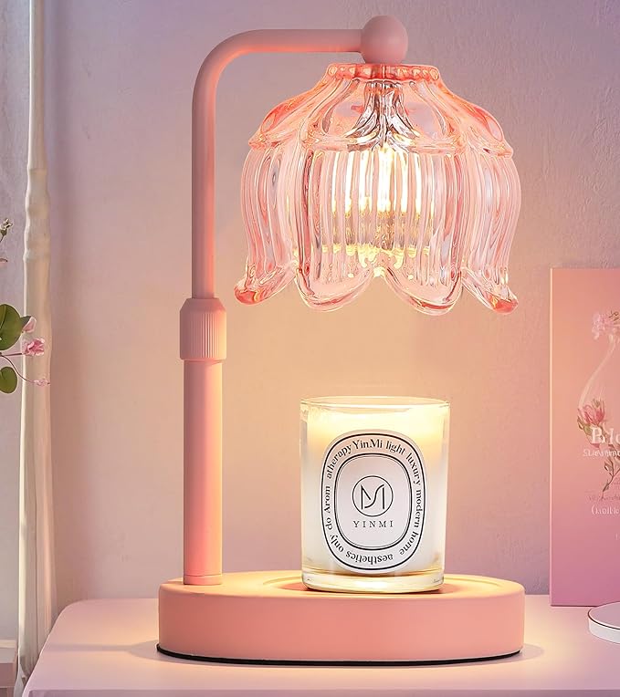 MEIXISUE Pink Flower Candle Warmer Lamp with Timer Dimmer, Adjustable Height No Flame Wax Warmer for Jar Candles, Ideal Gifts for Mom Women, ‌Housewarming New Home Bedroom Decor with 2 Bulbs