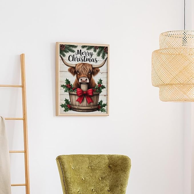 AIVKIEJK Diamond Painting Kits for Adults - Highland Cow Merry Christmas Painting DIY 5D Full Drill Diamond Dots Paintings with Diamonds Gem Art and Crafts Home Decor 16"x20"
