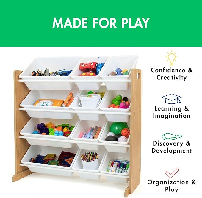 Humble Crew Kids Toy Storage Organizer with 12 Plastic Bins, Natural/White – Removable Bins for Playroom, Bedroom, Toddler Furniture for Boys and Girls Ages